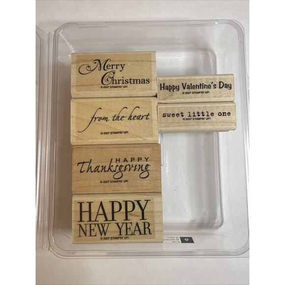 Stampin' Up HOLIDAYS & WISHES Wood Stamp Set of 6 Happy New Year Merry Christmas - Picture 1 of 4